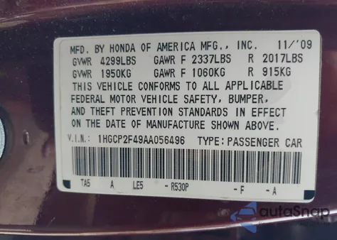 2010 Honda Accord 2.4 Lx-P z USA, uszkodzony, nr VIN 1HGCP2F49AA056496